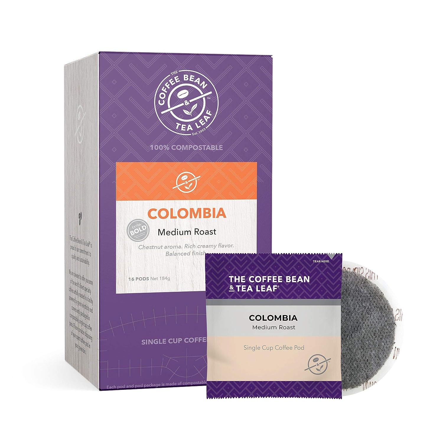 box and pod of Start you day with a rich frothy cup of coffee in just minutes.with our Coffee Bean and Tea Leaf Colombia CoffeCoffee Bean and Tea Leaf Colombia Coffee Soft Pods