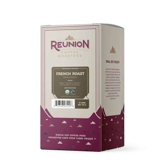 Reunion Coffee Roasters Single Serve Paper Coffee Pods Fifty SkiesReunion Coffee Roasters Organic French Roast Soft Pods